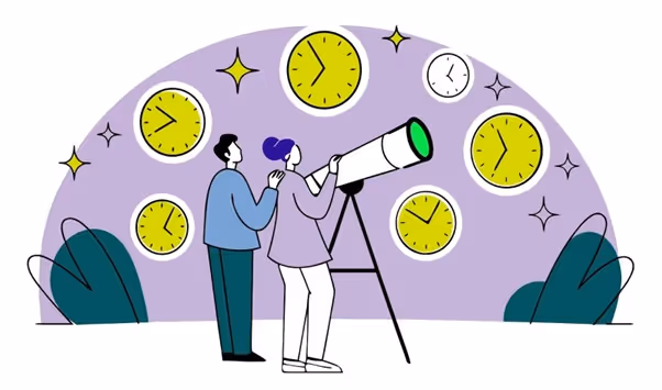 Due persone che osservano attraverso un telescopio con diversi orologi gialli e una luna bianca sullo sfondo viola.