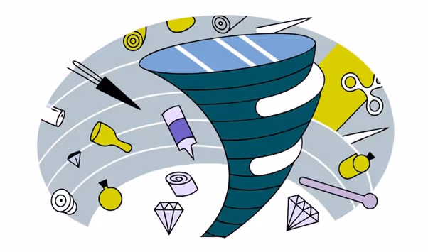 Illustrazione di un tornado che risucchia vari oggetti di bellezza come smalti, diamond, forbici e pinzette su uno sfondo grigio e giallo.
