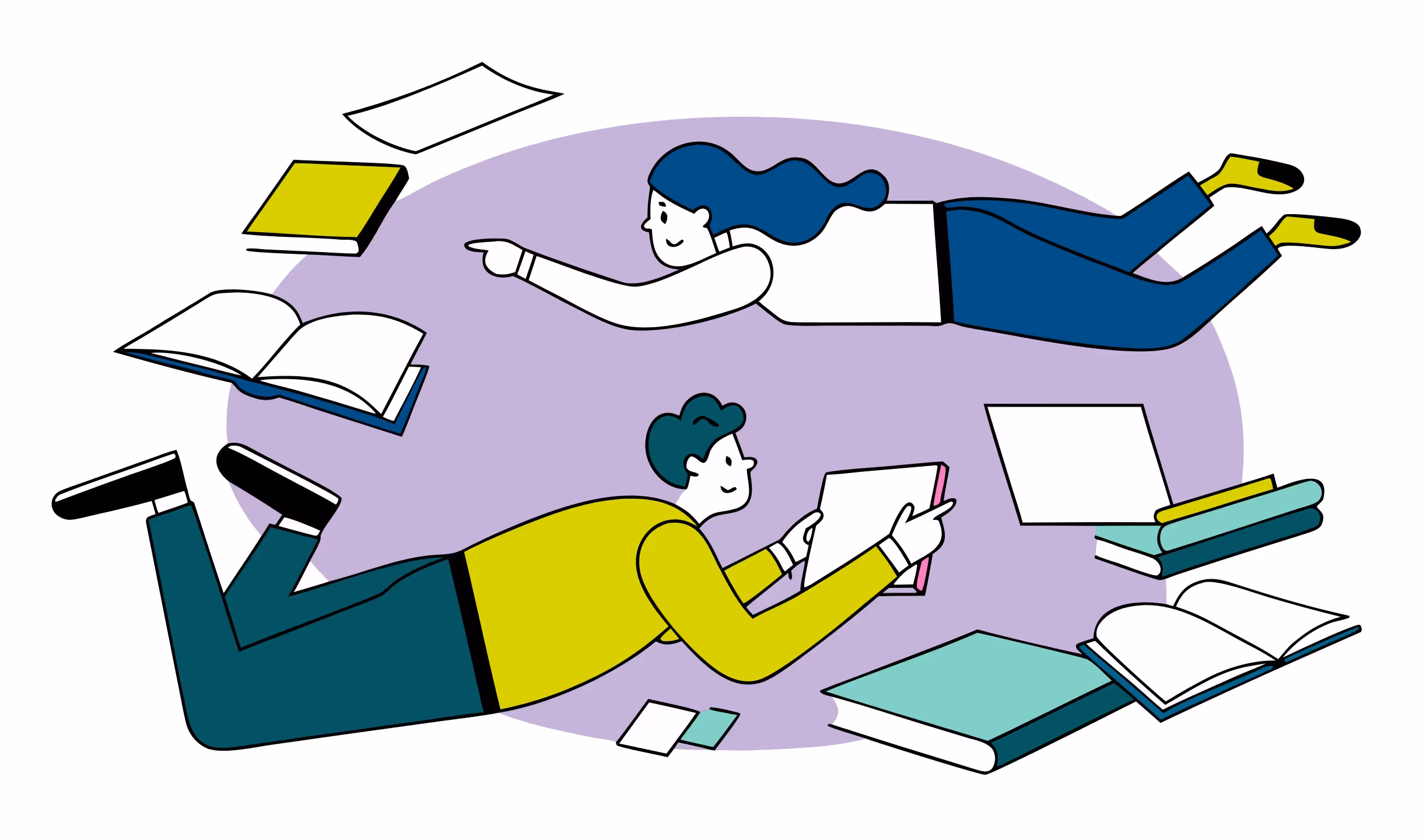 Illustrazione di un uomo e una donna che fluttuano leggendo libri e documenti intorno a loro su uno sfondo viola.