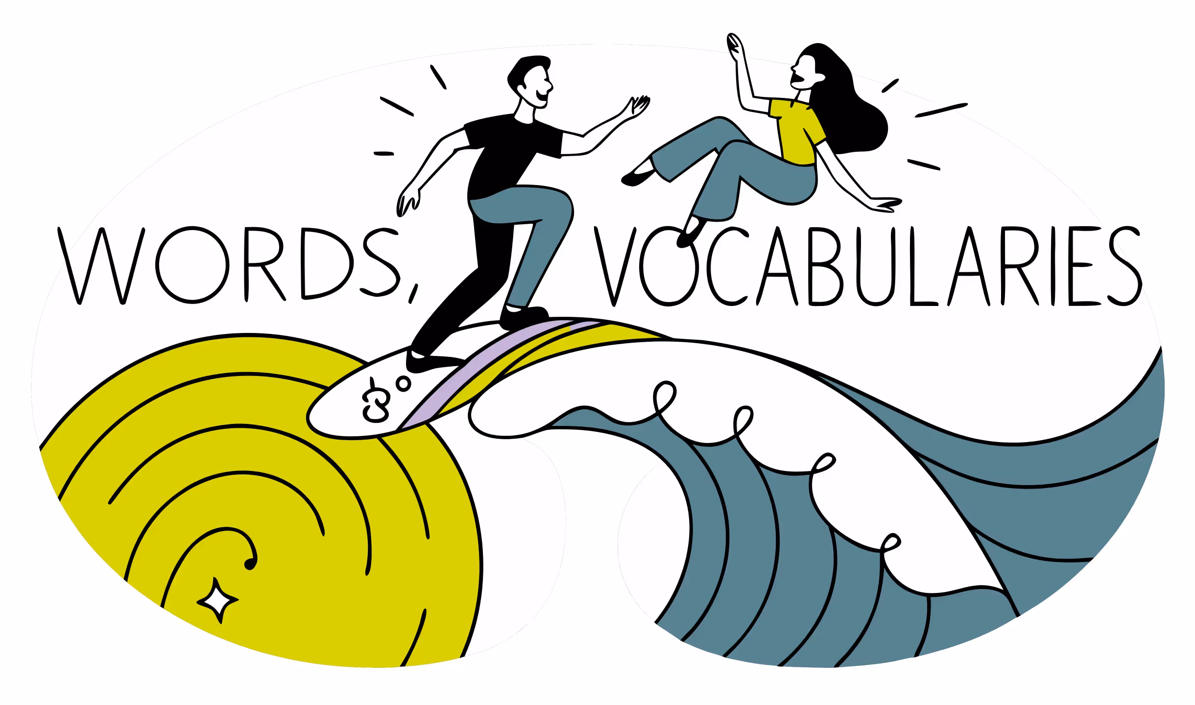 Illustrazione di un uomo e una donna che si divertono surfando su un'onda, con le parole "Words, Vocabularies" sullo sfondo.