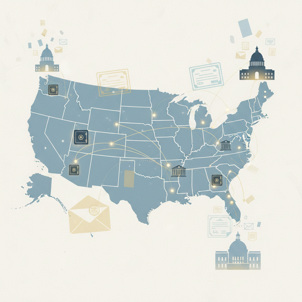 A clean, professional illustration showing the concept of unclaimed property and state databases: visualize a map of the United States with glowing dots representing different states, connected by subtle lines to bank vault icons or safe deposit boxes. Include visual elements suggesting dormant or forgotten assets being held by state governments—perhaps translucent layers showing certificates or documents floating toward state capitol building silhouettes. Use a color palette of muted blues, grays, and soft gold accents. Style should be modern, minimalist, and informative—like an infographic without any text labels.