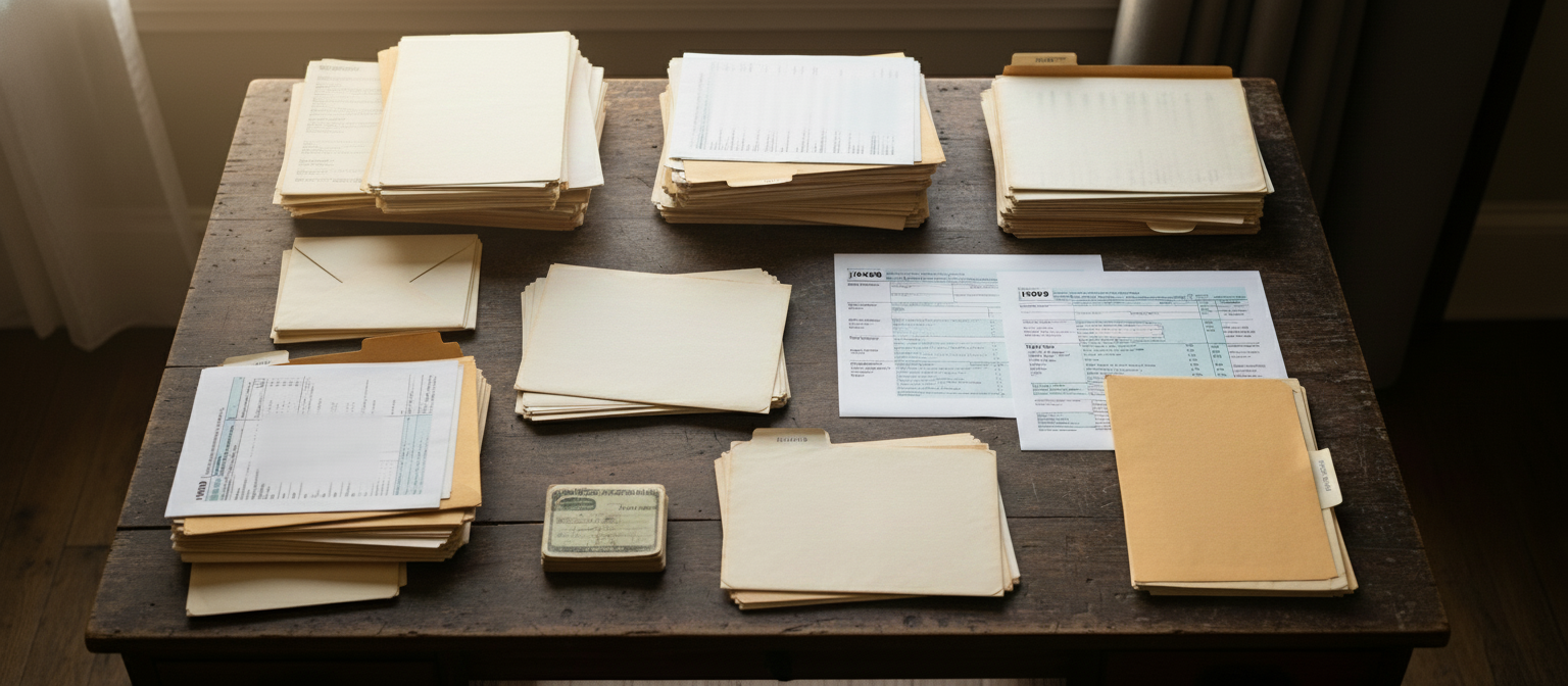 A bird's eye view of a wooden desk with organized stacks of financial documents, envelopes, old checkbooks, tax forms with 1099 labels visible, file folders, and a few bank statements spread out. Warm natural lighting from a window. Realistic, photographic style. No text or letters visible on any documents.
