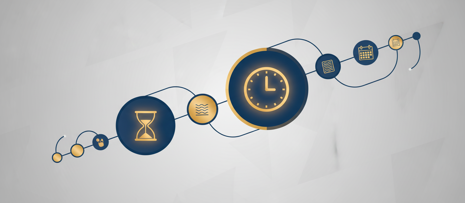 A clean, modern illustration showing a timeline or process flow with connected stages, represented by circular nodes or milestones connected by flowing lines. The visual should convey progression through different phases, with varying sizes of elements to suggest different durations. Use a professional color palette of deep blues, warm golds, and soft grays. The style should be reassuring and organized, suggesting clarity in a complex process. Include visual metaphors like clocks, calendars, or hourglass shapes integrated subtly into the design. No text, words, or letters should appear in the image.