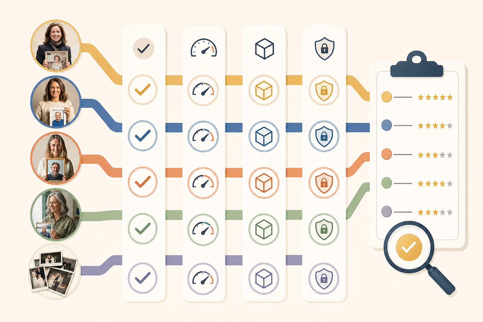 A clean, modern illustration showing a comparison evaluation process with multiple pathways or lanes being assessed. Visual elements include checkmarks, speed indicators, scope symbols, and security shields arranged in a organized layout. Use a warm, professional color palette with blues and subtle orange accents. The style should be minimal and diagram-like, showing the concept of evaluating and comparing different services against multiple criteria. No text or letters.