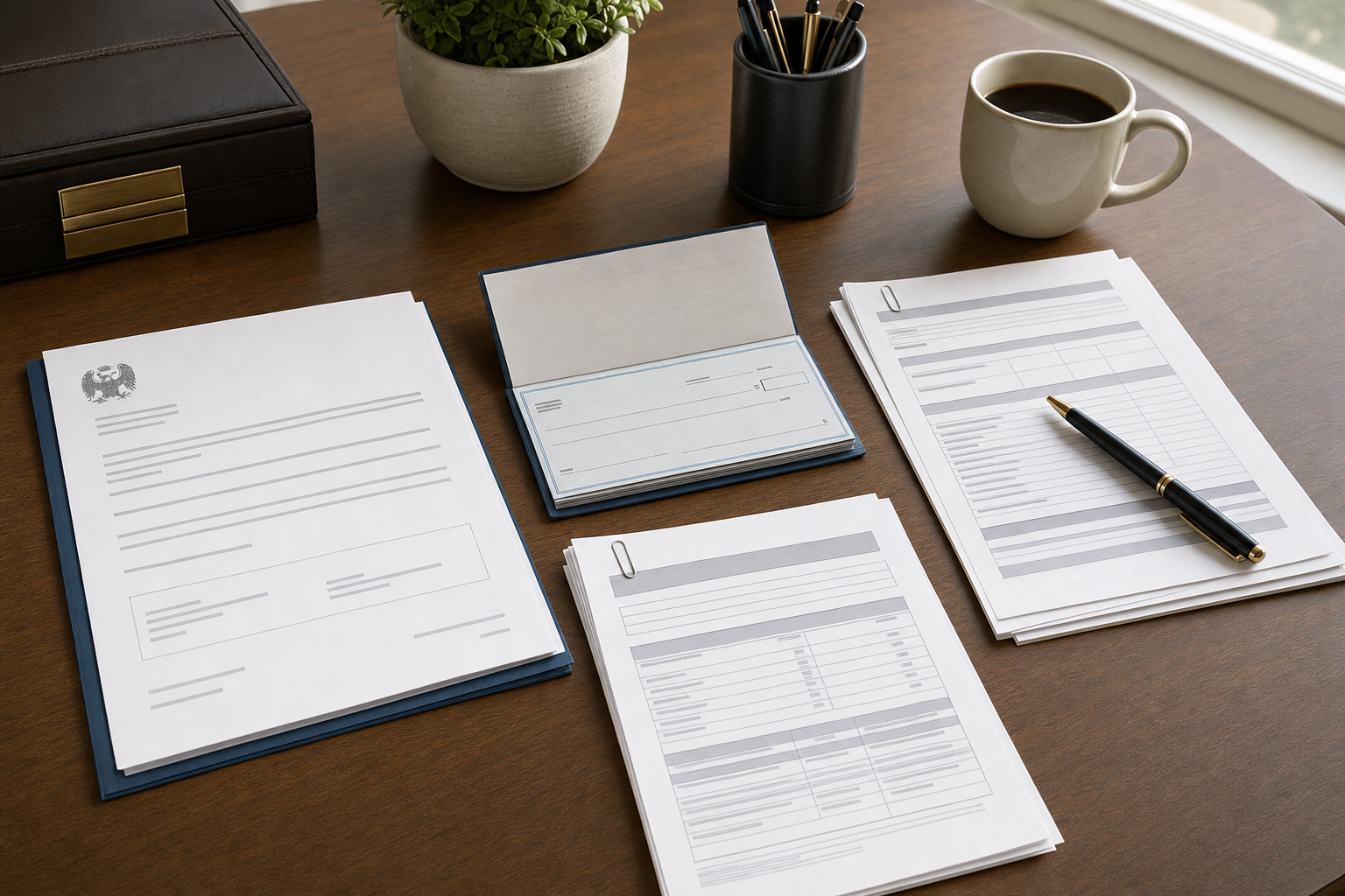 A clean, organized desk scene showing estate settlement documents and banking materials. The scene includes a printed EIN confirmation letter from the IRS, an estate bank account checkbook, and investment account transfer forms neatly arranged on a wooden desk. Natural window lighting, professional business setting, overhead angle view showing the documents clearly laid out. Photorealistic style, professional lighting, no people visible, focus on the official documents and banking materials.