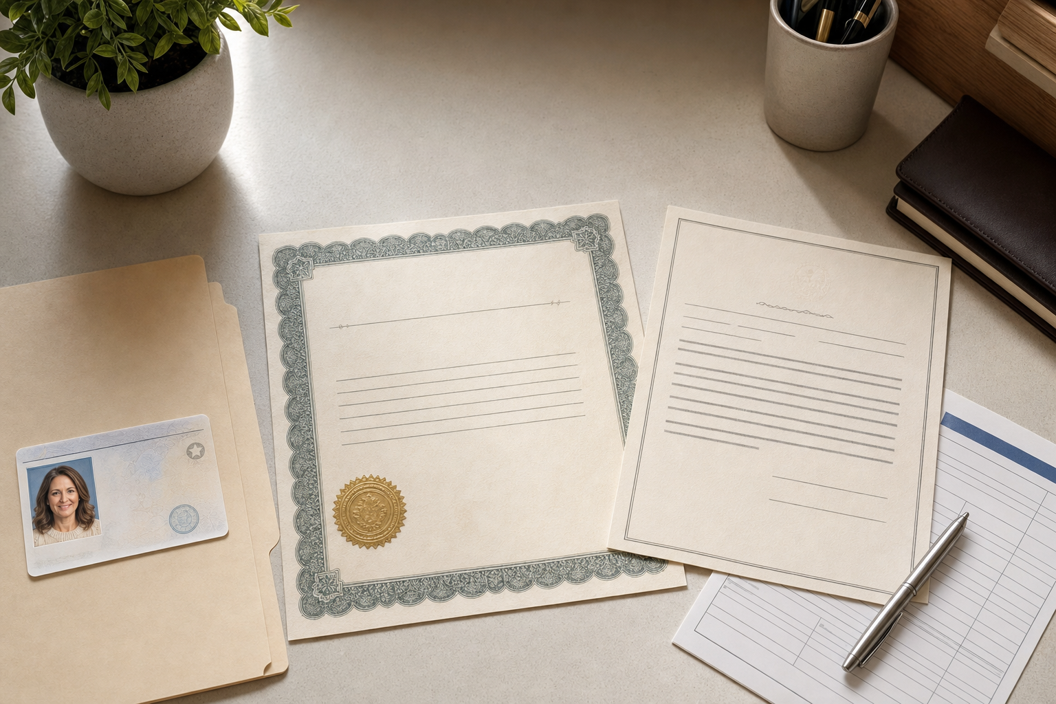 A clean, organized desk surface showing important estate documents laid out for a post office visit: a government-issued photo ID card, official death certificate with embossed seal, legal letters testamentary document, and a postal form, all arranged neatly on a neutral background with soft natural lighting, professional and respectful composition