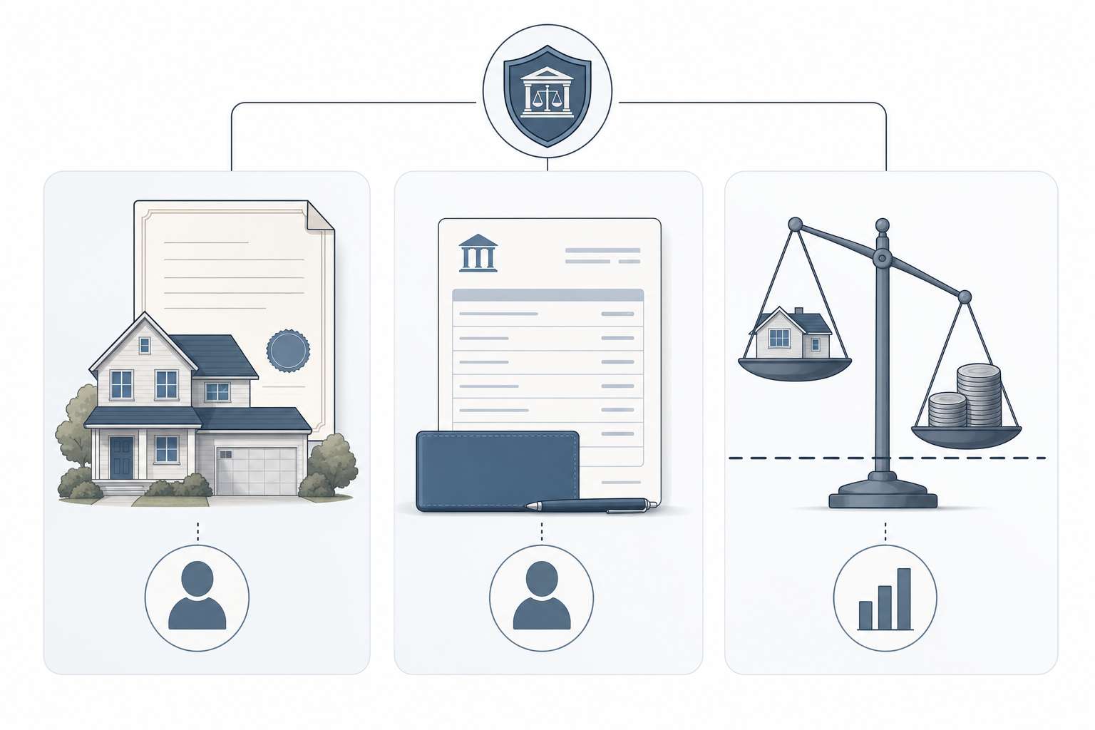 A clean, professional diagram showing three scenarios that trigger probate: a house with a single person's name on the title deed, a bank account statement showing sole ownership with no beneficiary, and a property value scale tipping over a threshold line. Modern, minimal illustration style with muted blues and grays, organized layout showing these three distinct circumstances clearly separated, no text or labels needed, financial and legal document aesthetic