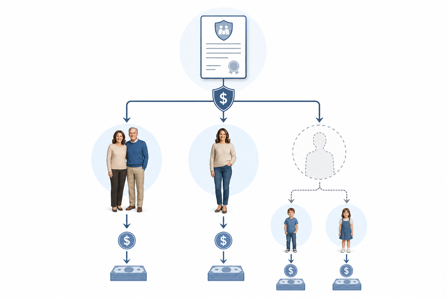 A clean illustration showing inheritance distribution flow. Top center shows a life insurance policy document. Below it, three branches representing beneficiaries - two branches have people standing alive, one branch shows an empty space with a faded outline. From the faded outline, two smaller branches extend downward showing children/descendants. Visual arrows and flow lines show how money splits between the living beneficiaries versus flowing down to descendants. Professional, simple diagram style with blue and gray tones, no text or words visible.