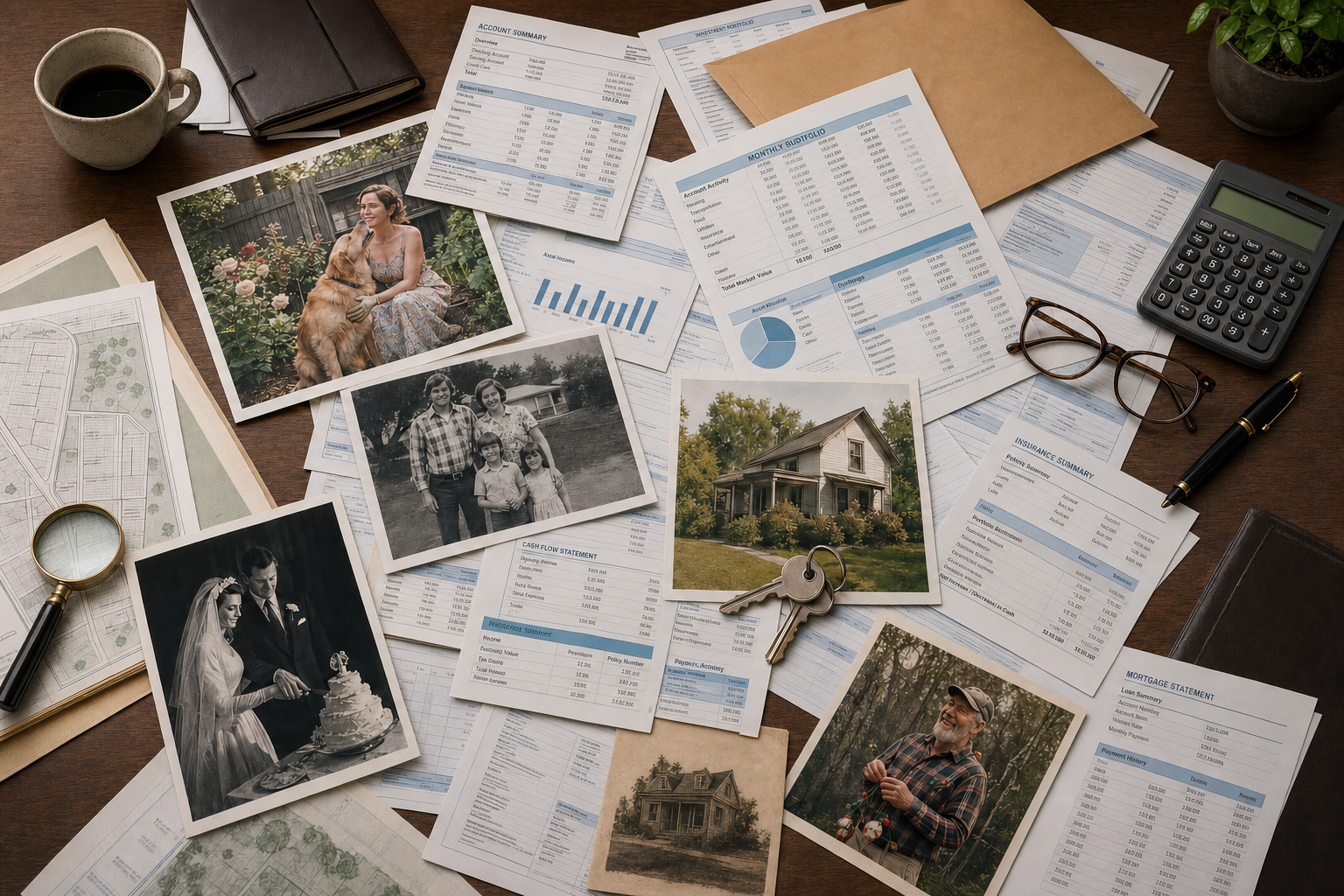 A bird's eye view illustration showing scattered financial documents, bank statements, property deeds, and insurance papers spread across a wooden desk surface, with some items partially hidden under others, symbolizing the challenge of discovering hidden assets. Warm, professional lighting with muted tones. Photorealistic style.