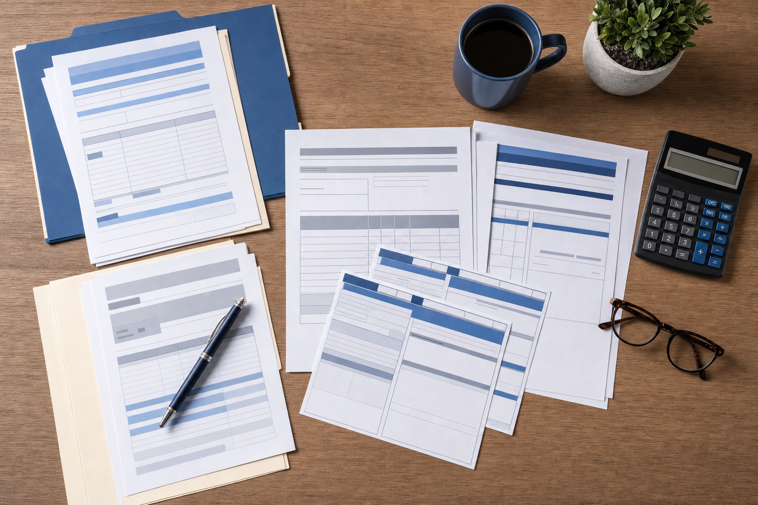A clean, organized flat lay of financial documents on a wooden desk surface. Show tax forms, W-2 documents, and official papers neatly arranged with a calculator and reading glasses nearby. Use natural lighting from above. Professional, trustworthy atmosphere with blue and neutral tones. Minimalist style suggesting careful review and organization of important retirement account paperwork. No visible text or numbers on any documents.