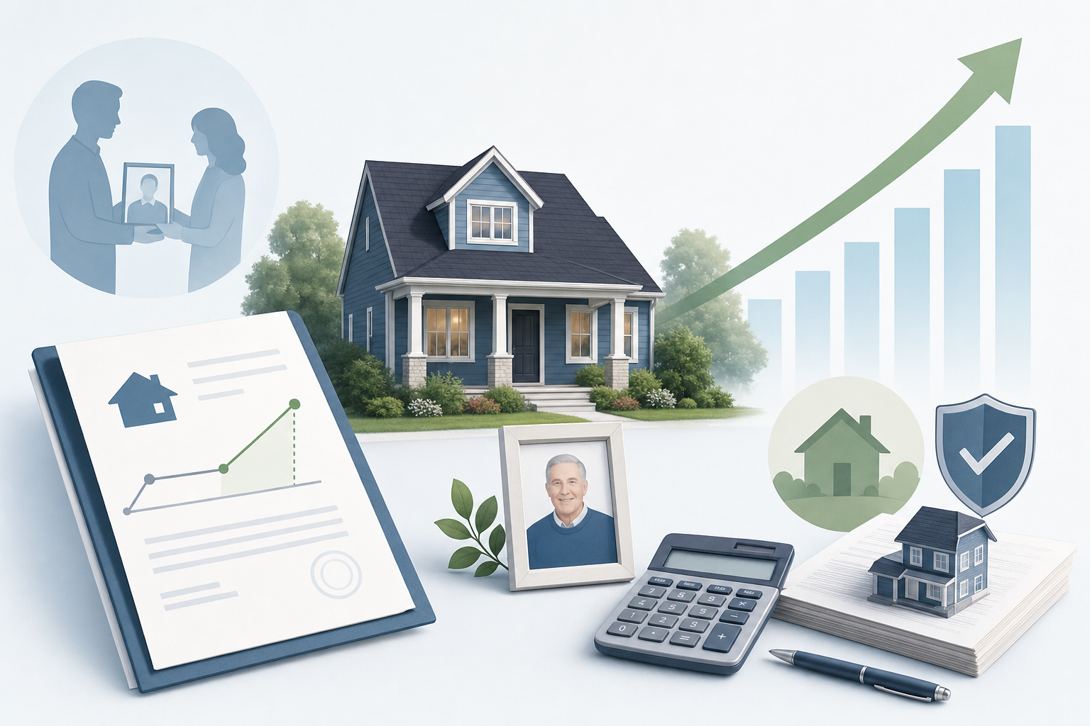 A clean, modern illustration showing tax and property concepts. Show a residential house with an upward trending arrow indicating value appreciation, alongside visual elements representing cost basis adjustment at inheritance - perhaps documents, a calculator, and gentle graph lines showing the step-up in basis. Use a professional color palette with blues, greens, and grays. The scene should convey financial planning and tax benefits in a clear, educational style. No text or words visible.