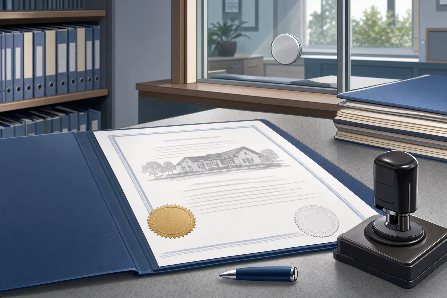 A clean, modern illustration showing the process of recording a legal document at a county recorder's office. Show a notarized property deed document on a desk with an official county recorder's stamp, a notary seal, and filing folders in the background. Use a professional color palette with blues and grays. The scene should convey official government documentation and legal property transfer. No text or words visible on any documents.