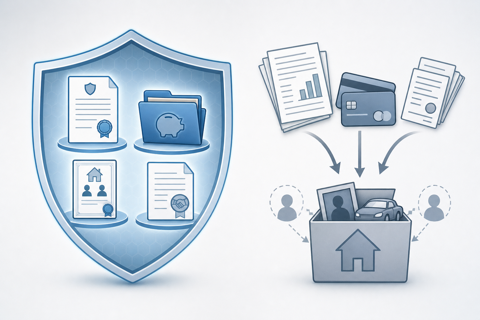 A clean, professional diagram showing two distinct groups of assets. On the left side, show protected assets that bypass creditors: a life insurance policy document, a retirement account folder labeled 401k, a property deed with two names, and a trust document, all surrounded by a protective shield or barrier. On the right side, show estate assets vulnerable to creditors: generic bills, credit cards, and documents flowing into an estate box. Use muted blue and gray tones with simple icons. Modern, minimalist illustration style suitable for financial education content. No text or words in the image.
