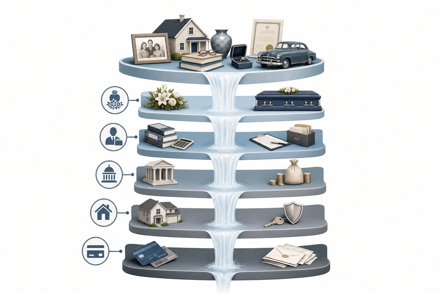 A clean, professional diagram showing the priority order of estate debt payment as a vertical waterfall or cascade. At the top, show a collection of estate assets. Below that, show five distinct tiers flowing downward in order: funeral and burial expenses at the top tier, estate administration costs in the second tier, federal and state taxes in the third tier, secured debts like mortgages in the fourth tier, and unsecured debts like credit cards at the bottom tier. Use muted blue and gray tones with simple icons for each category. Modern, minimalist illustration style suitable for financial education content.