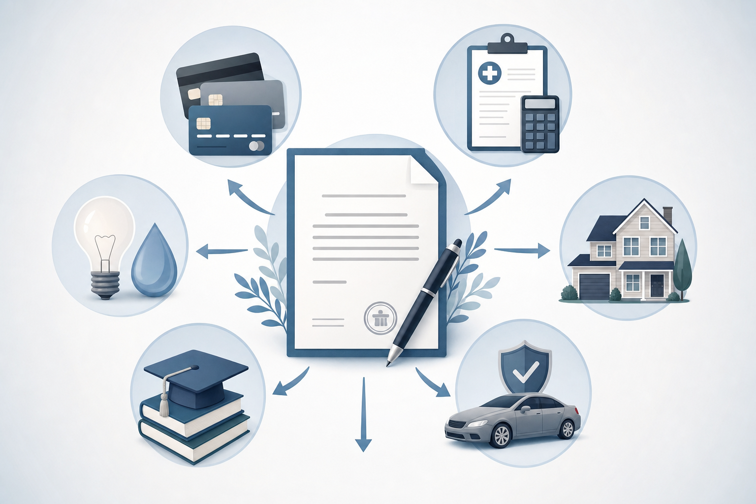 A clean, professional illustration showing estate settlement and debt payment process. Visual depicts a document labeled "estate" in the center with arrows flowing to different debt categories like credit cards, medical bills, and mortgages. Use a calm color palette with blues and grays. Modern, minimal style with icons representing different types of debt. No text or letters in the image.