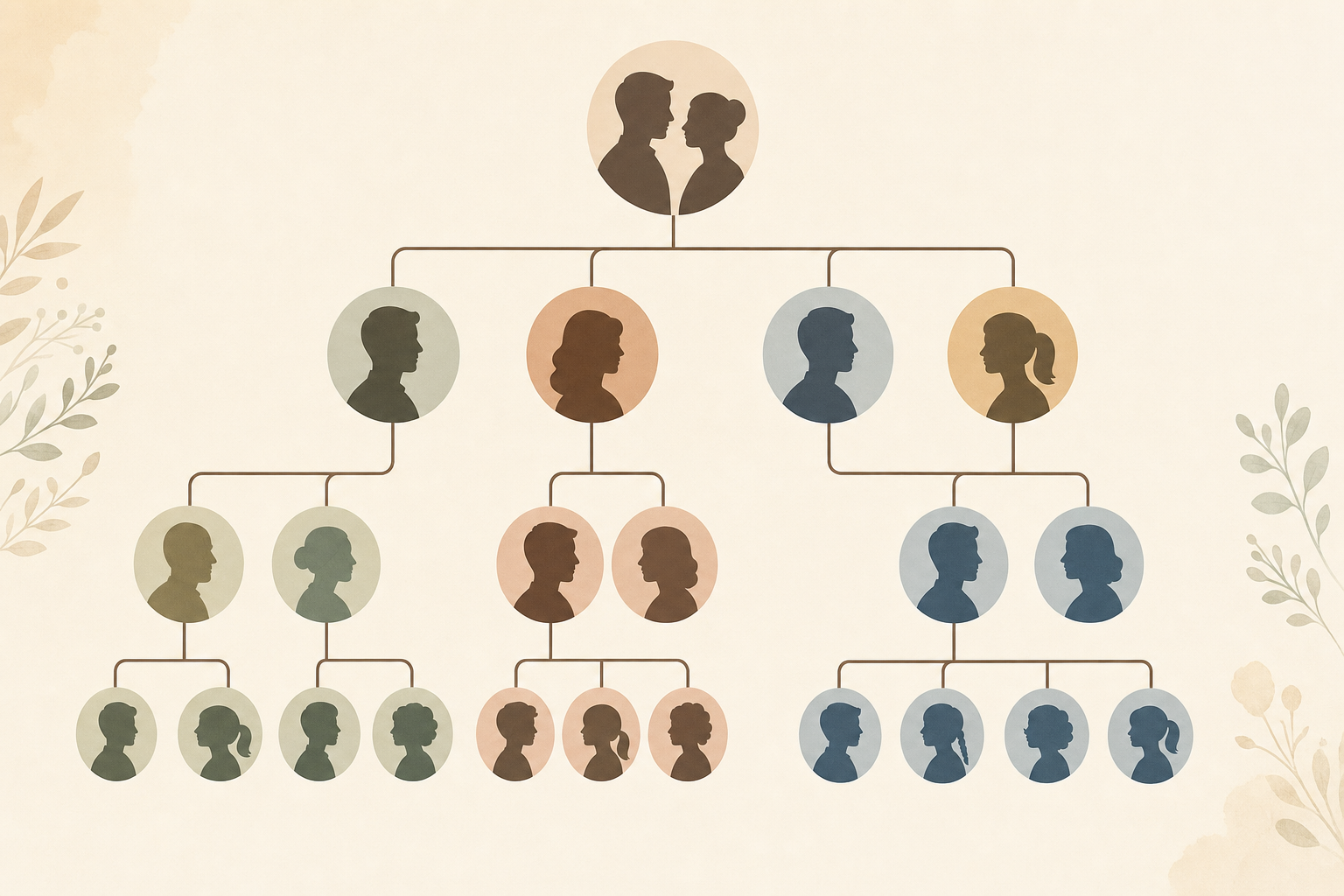 A clean, professional illustration showing a family tree hierarchy diagram for estate inheritance. The diagram flows downward with branches representing different family members: a couple at the top representing spouse, children below them, then parents, siblings, and extended family members at the bottom. Use simple silhouette figures in a warm, muted color palette with connecting lines showing the order of inheritance. Modern, minimalist style with soft colors, no text or labels.