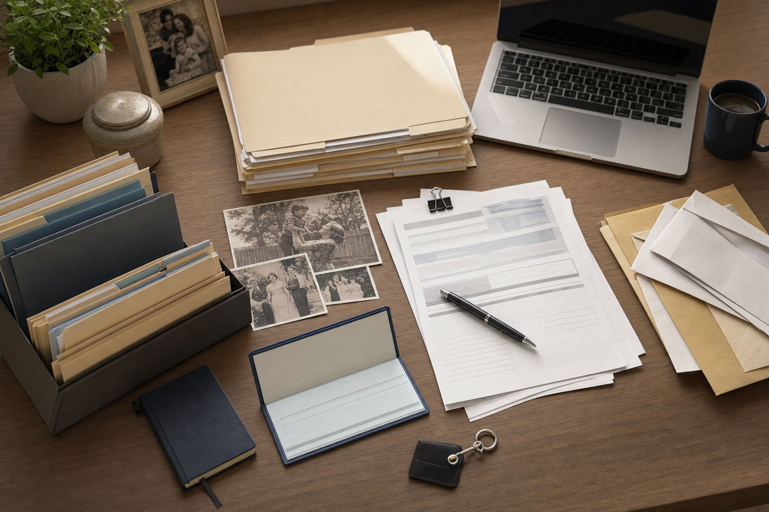 A clean, organized desk surface with file folders, documents, and papers spread out being reviewed. Include a safe deposit box key, a checkbook, some opened mail envelopes, and a laptop computer. Warm, natural lighting with a slightly overhead angle. Professional illustration style with muted, trustworthy colors like navy blue and warm gray tones. Focus on the organized search process, conveying thoroughness and care.