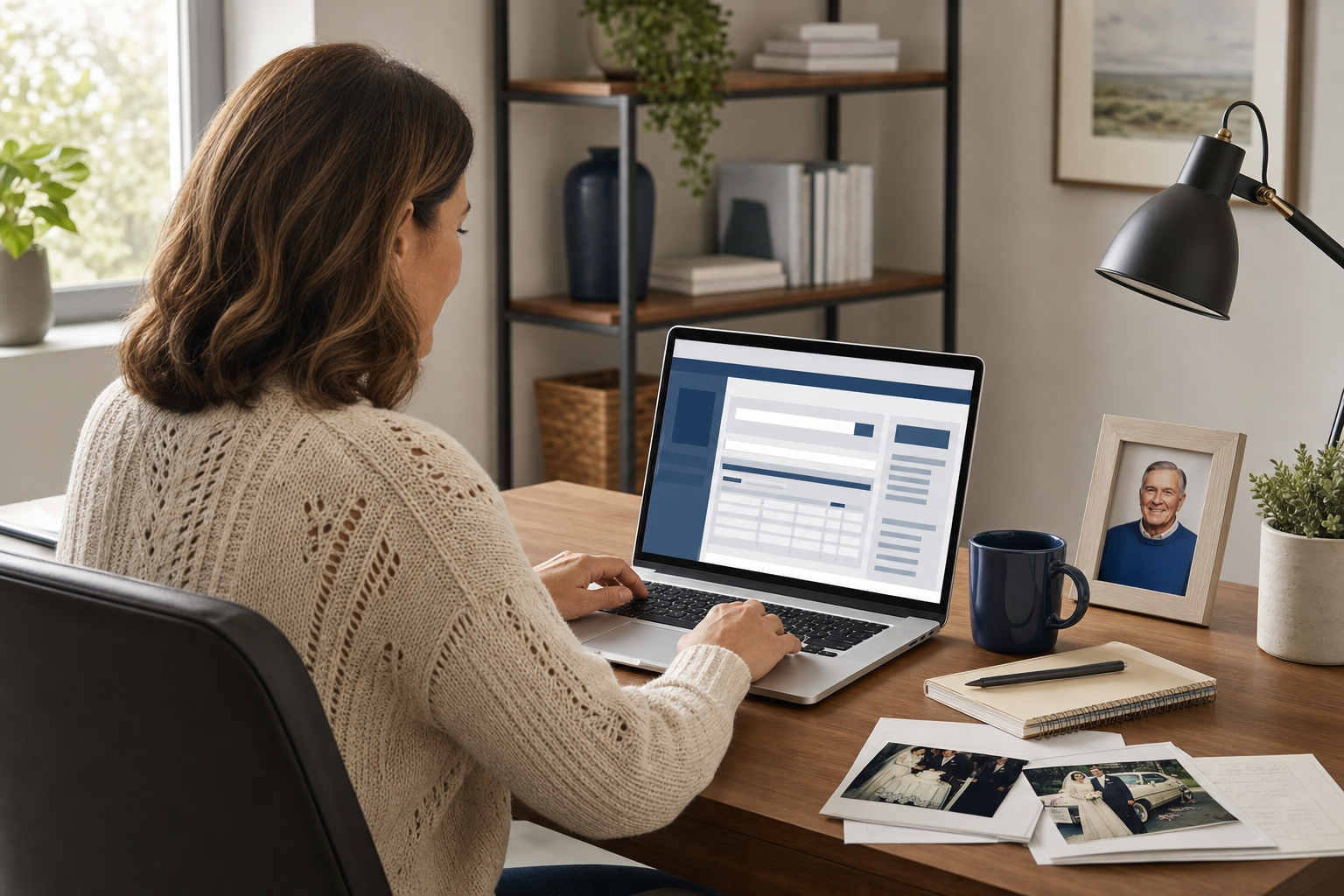 A person sitting at a desk using a laptop computer to access an online government database or search tool. Screen shows a professional web interface with search fields and forms. Clean, modern home office setting with natural lighting. View from slightly behind and to the side of the person. Professional illustration style with trustworthy colors like navy blue, gray, and white. Conveys the feeling of using an official, reliable online service. No text or words visible on screen or anywhere in image.