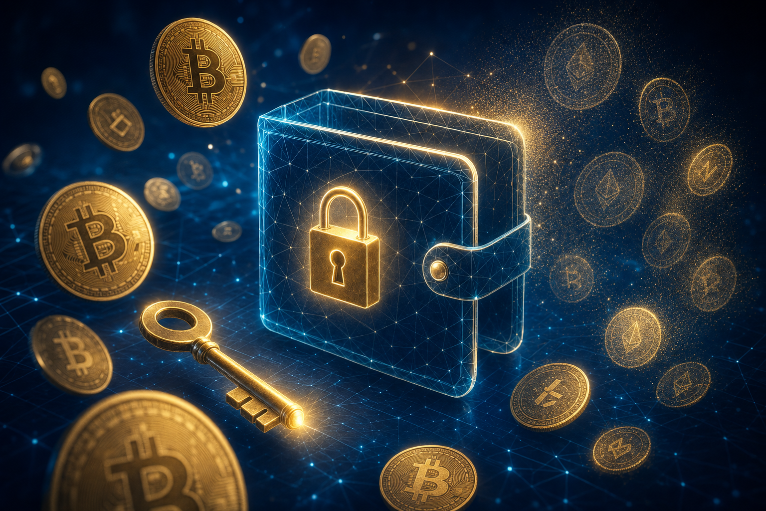 A modern, professional illustration showing a digital cryptocurrency wallet as a glowing geometric shape or vault floating in digital space, with scattered golden Bitcoin and cryptocurrency coins around it. Some coins are fading or transparent to represent lost or inaccessible funds. The style should be clean and informative with deep blue and gold tones, suggesting both value and the challenge of accessing digital assets. Include visual elements like a key or lock symbol to represent the private key concept, but no text or letters.