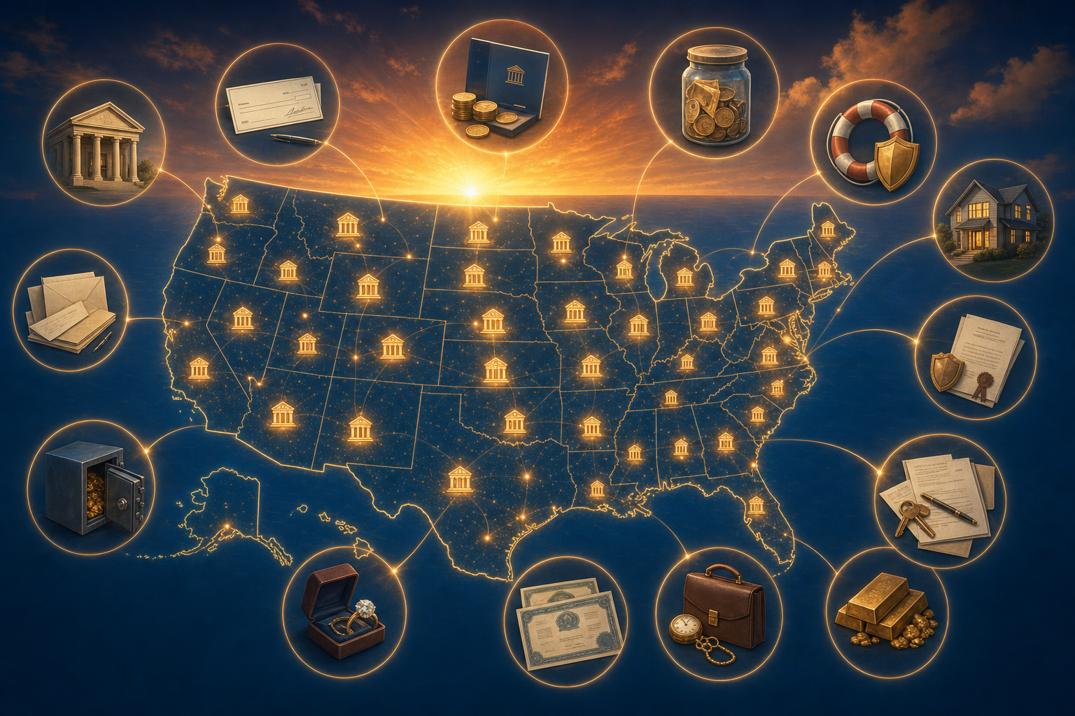 A clean, modern illustration showing a US map with glowing points of light representing state government buildings or treasury departments, connected by subtle lines to floating icons of various financial assets like bank accounts, checks, insurance documents, and property deeds. The style should be professional and informative, using warm sunset orange and gold tones against a deep blue background, suggesting hidden assets waiting to be claimed across different states. The composition should feel organized and systematic, conveying the idea of a nationwide network of unclaimed property databases.