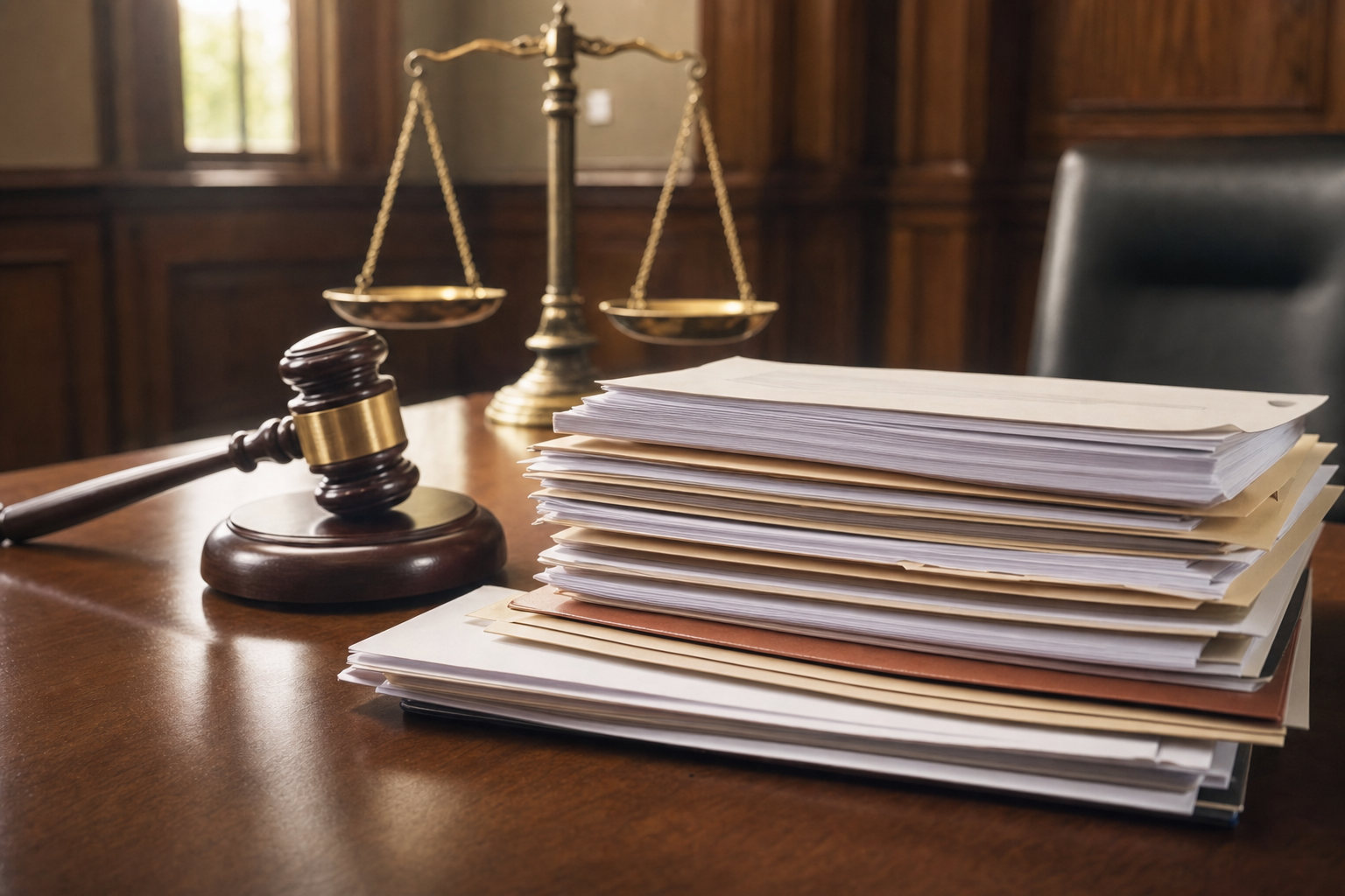 A neat stack of official legal documents and court filing folders on a wooden desk in a courthouse setting, with a gavel nearby. The documents should look formal and organized, showing the administrative nature of probate records. Warm natural lighting, professional and reassuring atmosphere. No text or words visible on any documents.