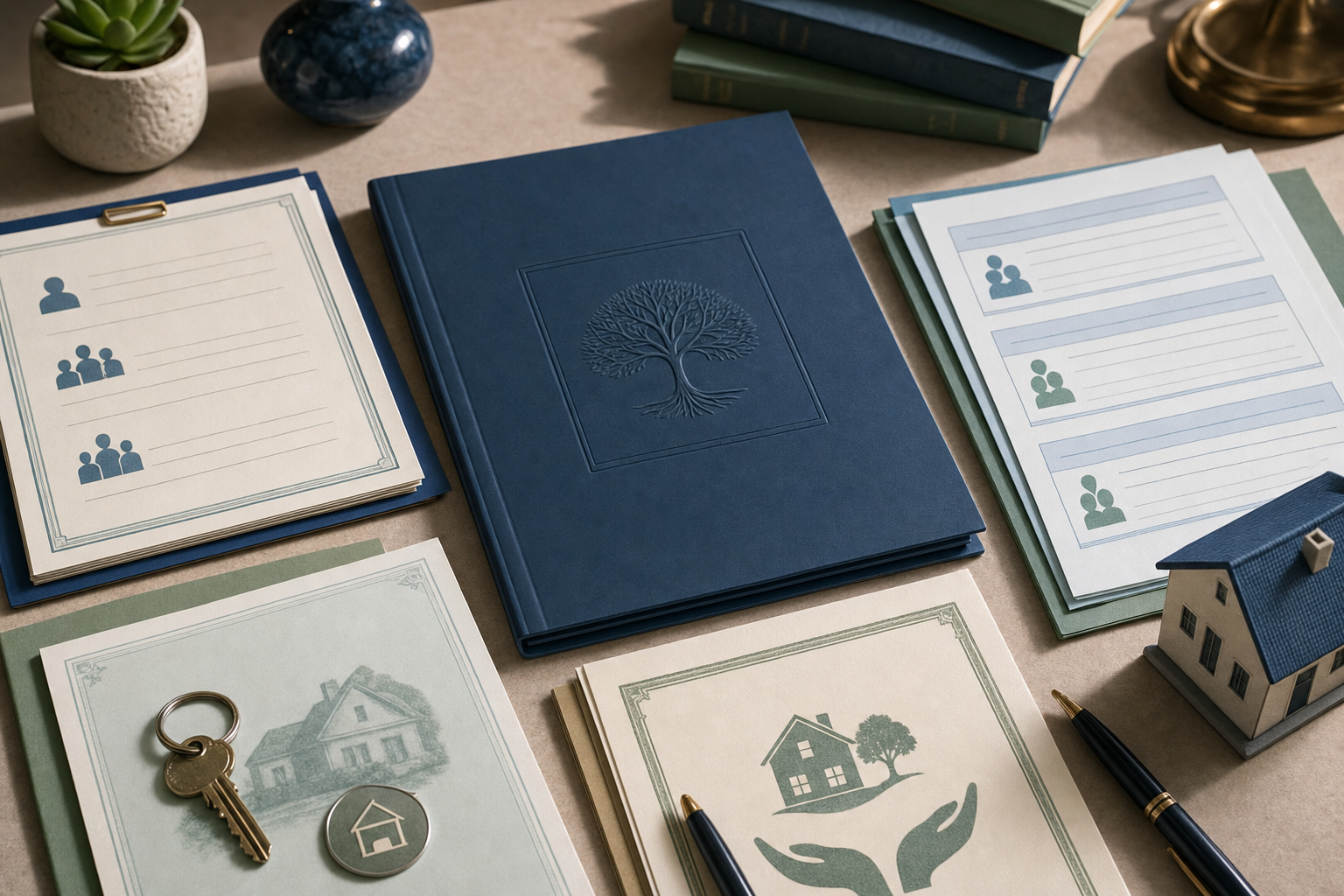 A clean, professional illustration showing estate planning documents and tools arranged on a desk surface. Include a living trust document folder, beneficiary designation forms, a property deed with a transfer-on-death symbol, and joint account paperwork. Use a soft, warm color palette with blues and greens. The composition should be organized and calming, viewed from above at a slight angle. Modern, editorial illustration style suitable for a financial or legal publication. No text or words visible on any documents.