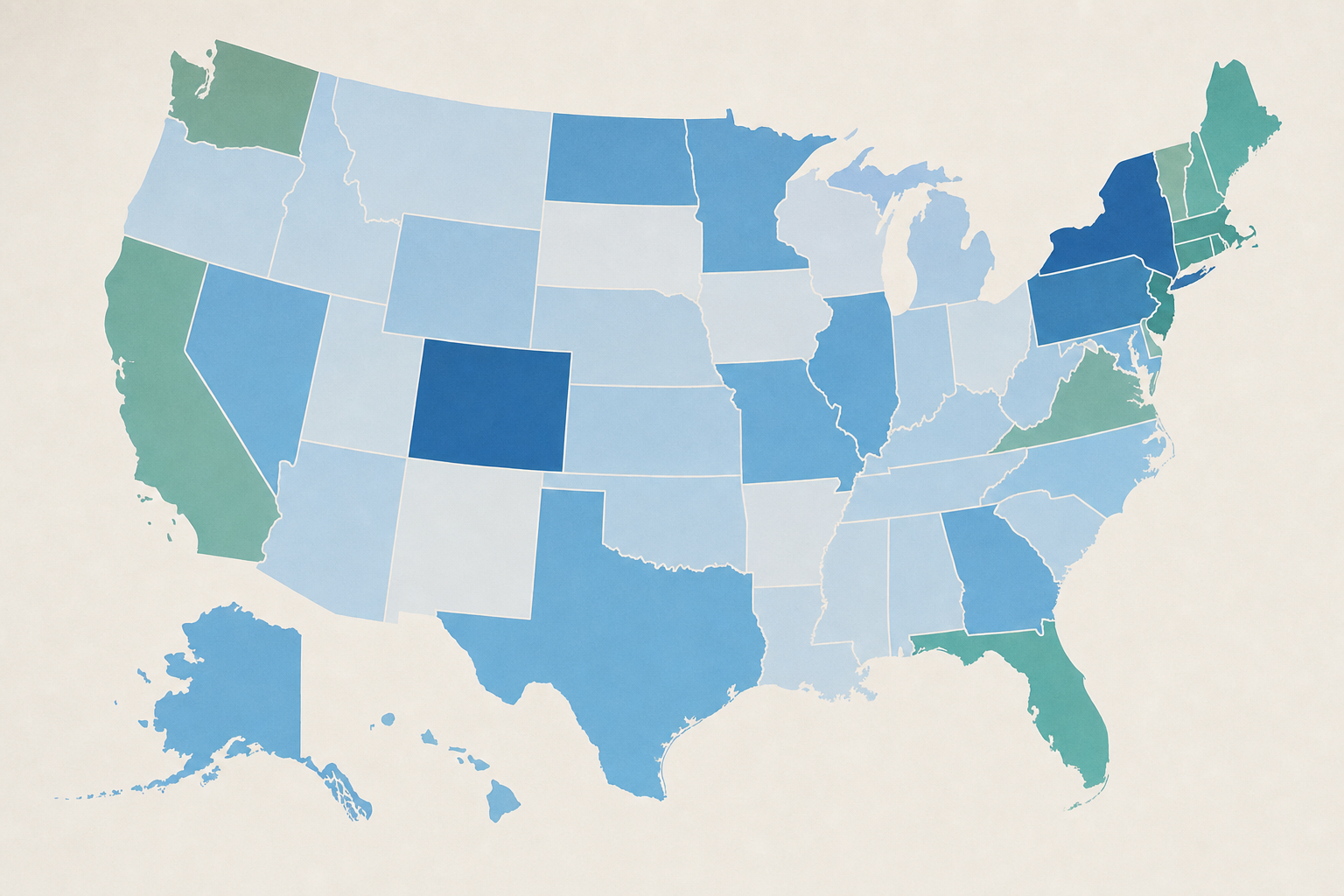 A clean, modern map of the United States showing different states highlighted in varying shades of blue and green to represent different probate threshold levels. The map should have a professional, editorial style with soft colors - lighter blues for lower thresholds transitioning to deeper blues and greens for higher thresholds. The design should be simple and informative, like an infographic you'd see in a financial or legal publication. No text, labels, or numbers on the map.