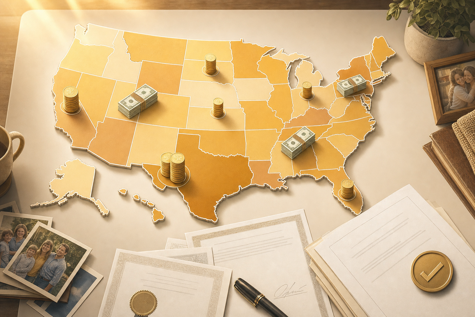 A clean, modern illustration showing a map of the United States with different states highlighted in varying shades of warm golden tones, representing different threshold amounts. Show visual metaphors like stacks of coins or dollar bills of varying heights positioned near different states, suggesting different financial thresholds. Include visual elements like official-looking documents or affidavits with checkmarks. Use a professional, minimalist style with a warm color palette and golden-hour lighting. No text, words, letters, or numbers should appear in the image.