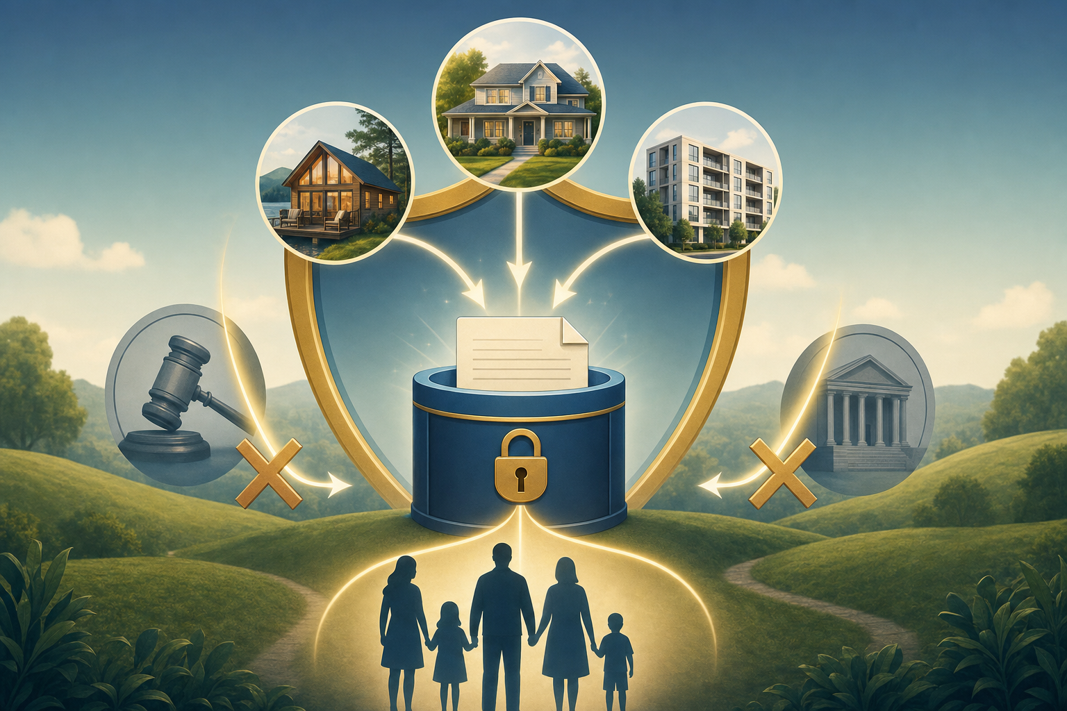 A clean, modern illustration showing a revocable living trust structure. In the center, a document or container labeled as a trust, with property icons (house, vacation home, real estate) flowing into it. Around the trust, show a protective shield or barrier that blocks courthouse or gavel symbols, representing how the trust bypasses probate court. Use a warm, professional color palette of blues, golds, and greens. The style should be minimalist and educational, showing the flow of property into the trust and then directly to family silhouettes or beneficiary icons, with the probate court path clearly bypassed. No text or words in the image.
