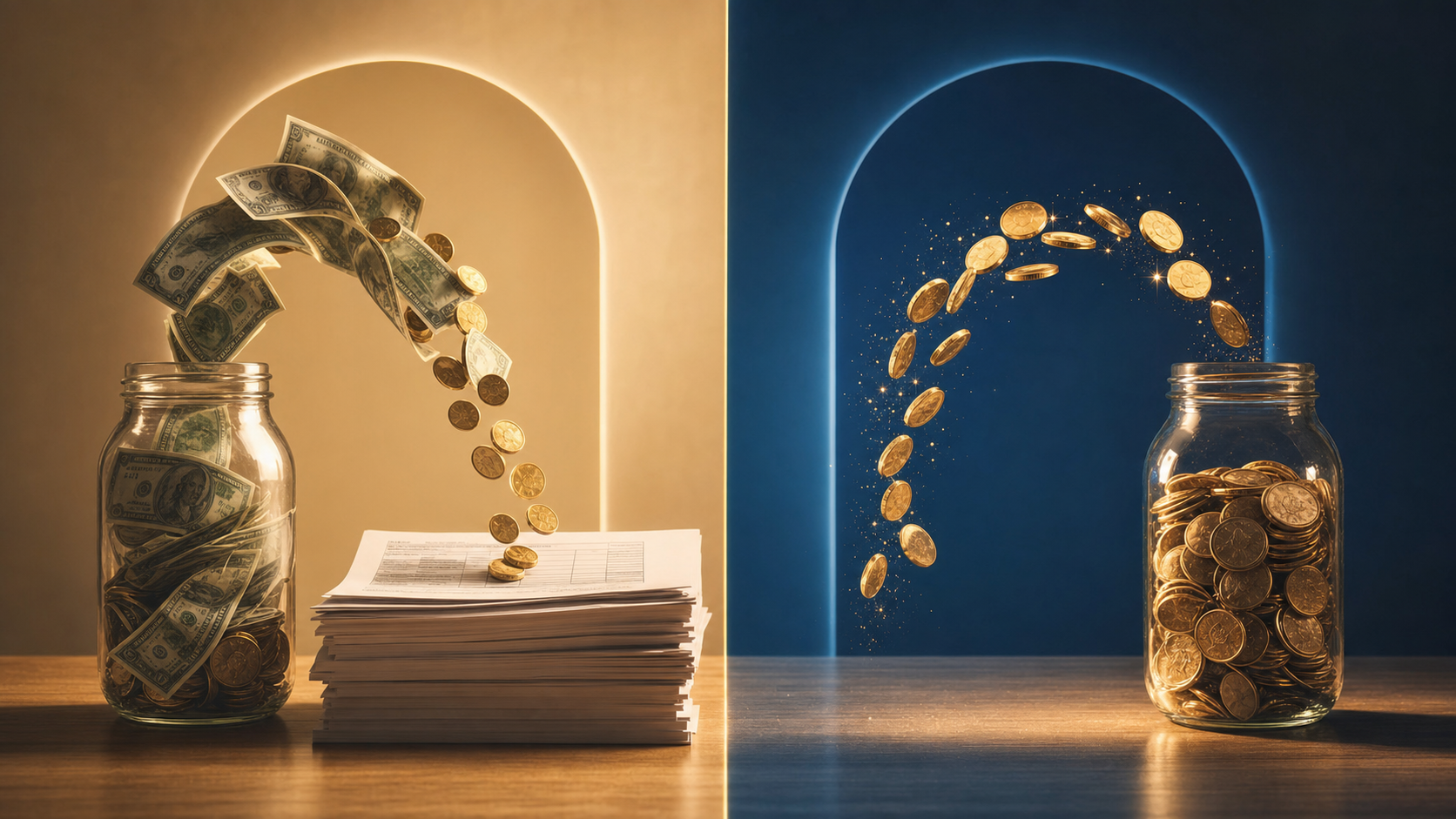 A clean, modern comparison illustration showing two IRA account types side by side. Left side shows traditional IRA with coins and dollar bills flowing into a tax form representing taxable withdrawals. Right side shows Roth IRA with coins flowing freely without tax forms, representing tax-free qualified distributions. Warm, professional color palette with gold and blue tones. Minimalist financial illustration style. No text, words, or letters anywhere in the image.