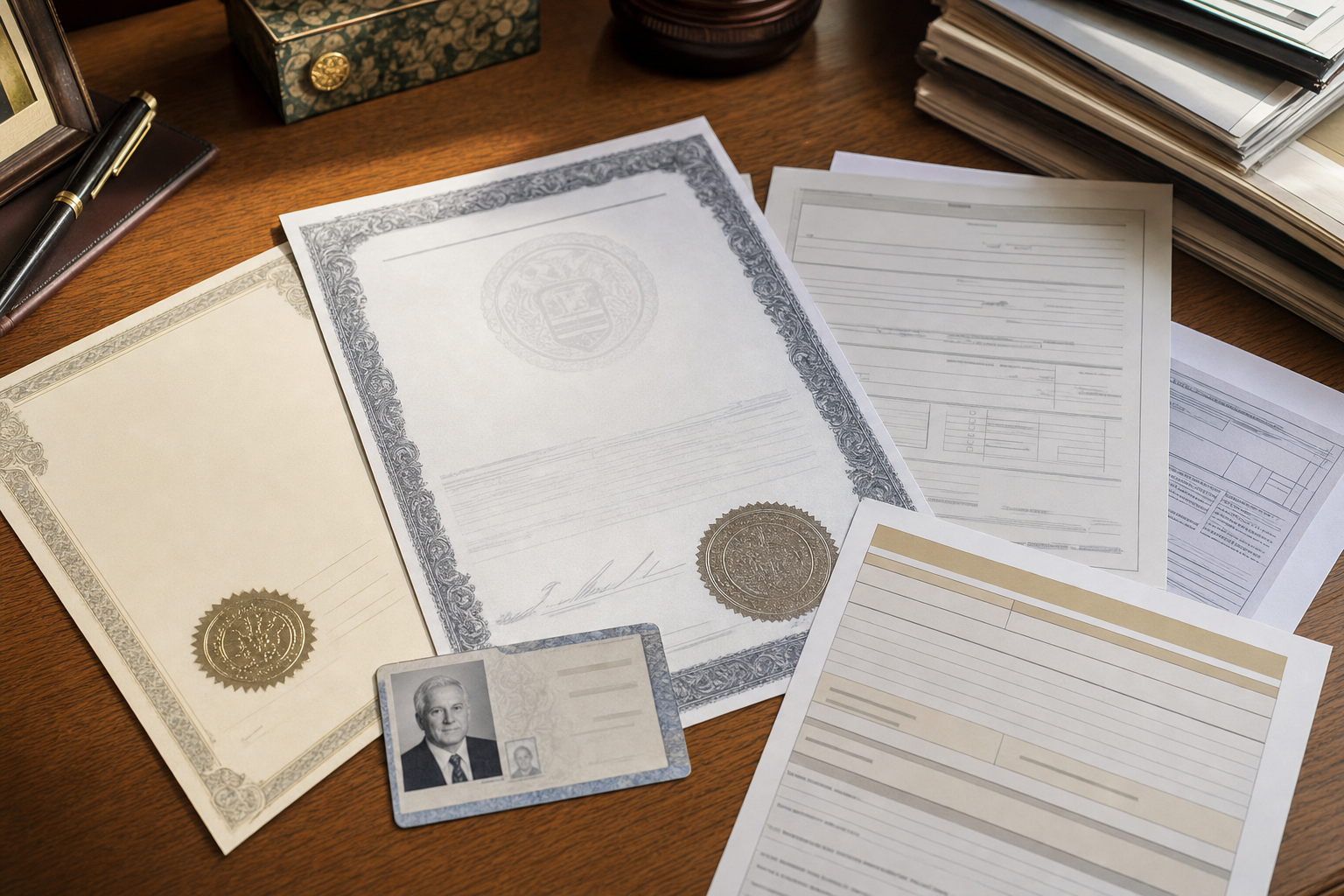 A clean, organized flat lay photograph of estate settlement documents on a wooden desk surface, including a certified death certificate with an official state seal visible, a government-issued photo ID card, and official financial claim forms. Warm, natural lighting from the side. Professional and respectful composition. No text or words visible on any documents, just the general appearance of official paperwork with seals and signatures.