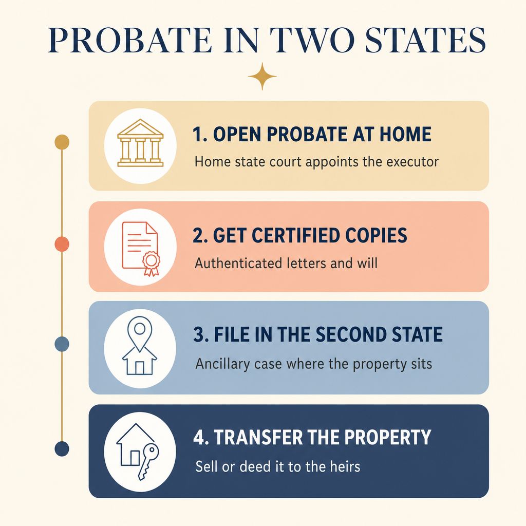 Infographic titled Probate in Two States showing the four steps of ancillary probate: open probate at home, get certified copies, file in the second state, and transfer the property