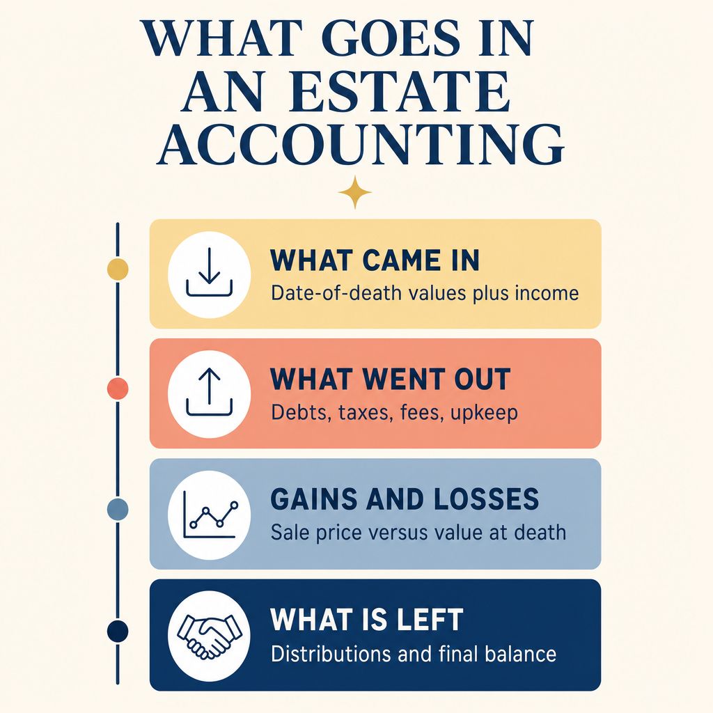 Infographic titled What Goes In an Estate Accounting showing four parts: what came in (date-of-death values plus income), what went out (debts, taxes, fees, upkeep), gains and losses (sale price versus value at death), and what is left (distributions and final balance).