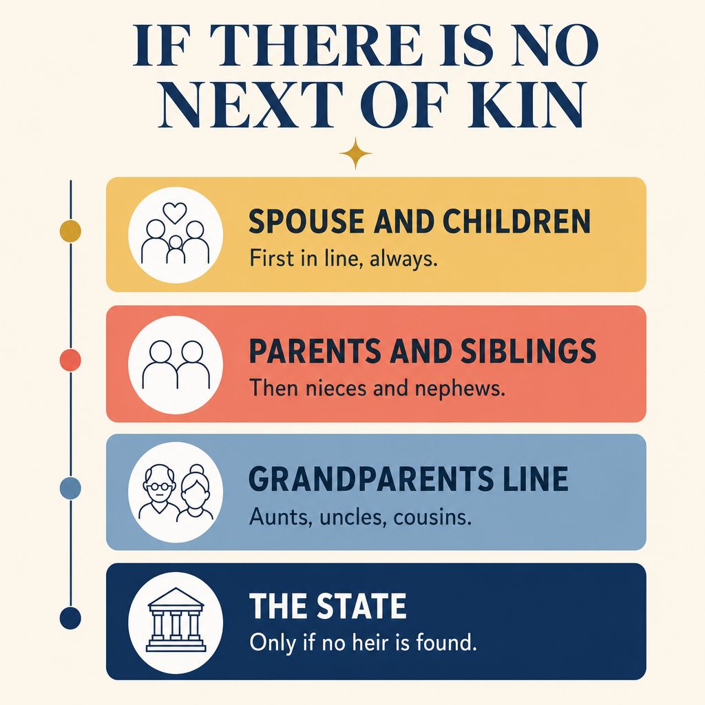 Infographic titled If There Is No Next of Kin showing the four tiers of intestate succession: spouse and children, parents and siblings, the grandparents line of aunts uncles and cousins, and finally the state if no heir is found.