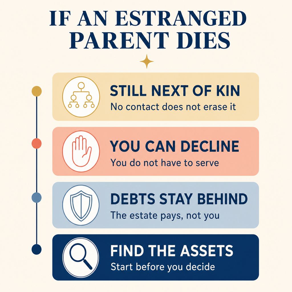 Infographic titled If an estranged parent dies showing four points: still next of kin, you can decline, debts stay behind, and find the assets first.