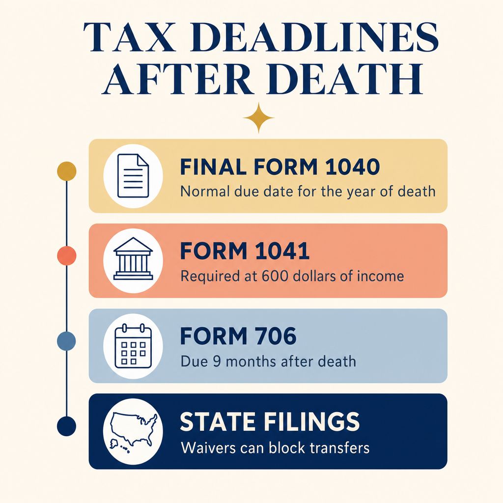 Infographic titled Tax Deadlines After Death showing four cards: final Form 1040 due the normal date for the year of death, Form 1041 required at 600 dollars of income, Form 706 due 9 months after death, and state filings where waivers can block transfers.