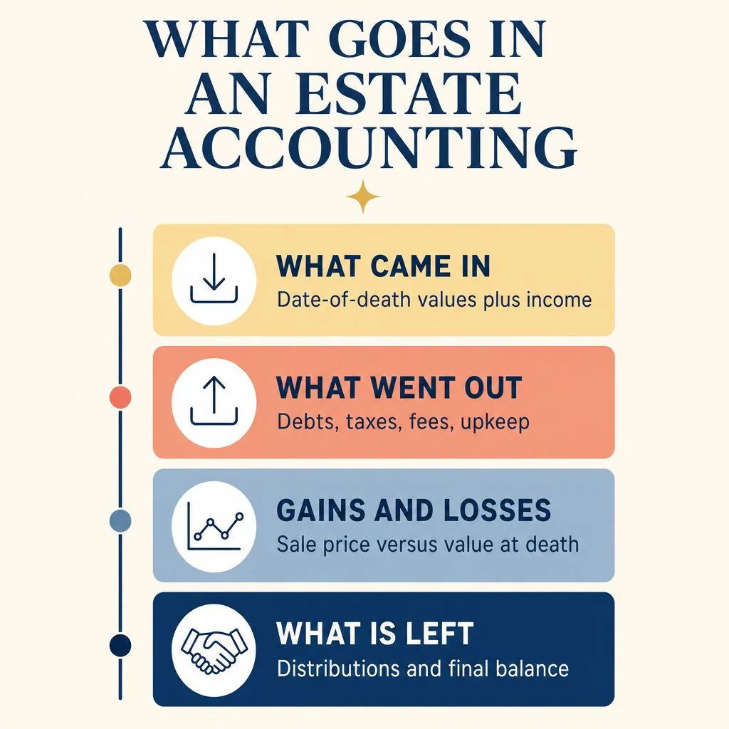 Infographic titled What Goes In an Estate Accounting showing four parts: what came in (date-of-death values plus income), what went out (debts, taxes, fees, upkeep), gains and losses (sale price versus value at death), and what is left (distributions and final balance).