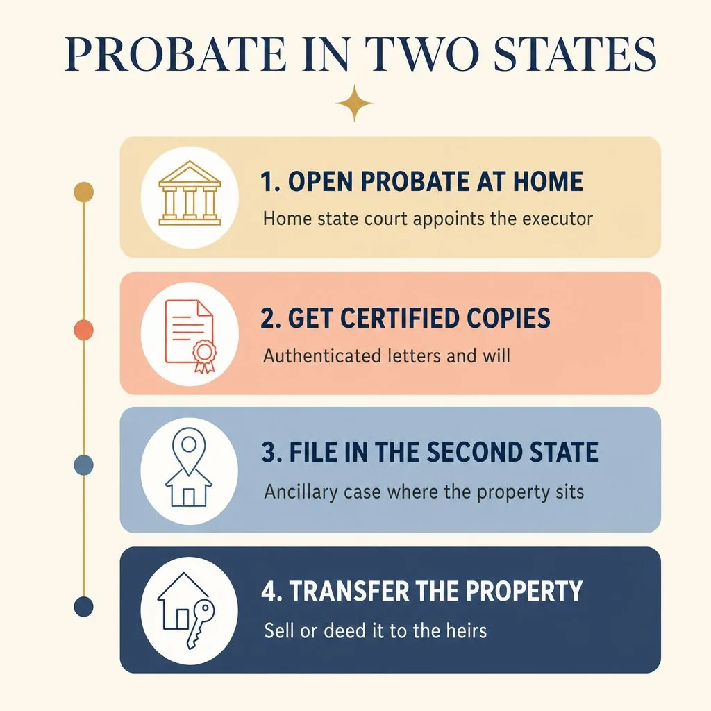 Infographic titled Probate in Two States showing the four steps of ancillary probate: open probate at home, get certified copies, file in the second state, and transfer the property