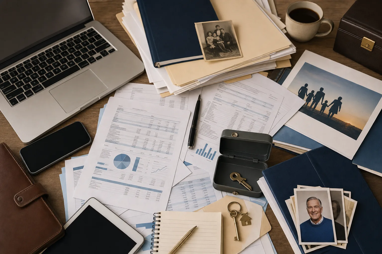 A flat lay organized composition showing scattered financial documents and items representing hidden assets: bank statements, insurance policy folders, retirement account paperwork, a safe deposit box key, digital devices like a laptop and smartphone, and file folders spread across a desk surface. Warm, professional lighting with a slightly overhead angle. Photorealistic style with muted, professional colors suggesting the complexity of asset discovery.