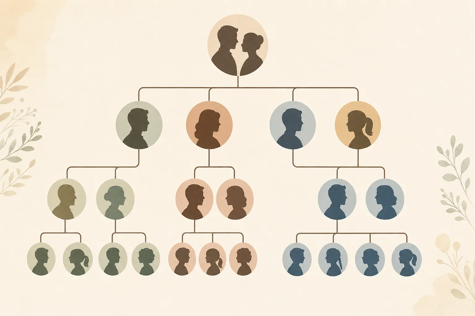 A clean, professional illustration showing a family tree hierarchy diagram for estate inheritance. The diagram flows downward with branches representing different family members: a couple at the top representing spouse, children below them, then parents, siblings, and extended family members at the bottom. Use simple silhouette figures in a warm, muted color palette with connecting lines showing the order of inheritance. Modern, minimalist style with soft colors, no text or labels.