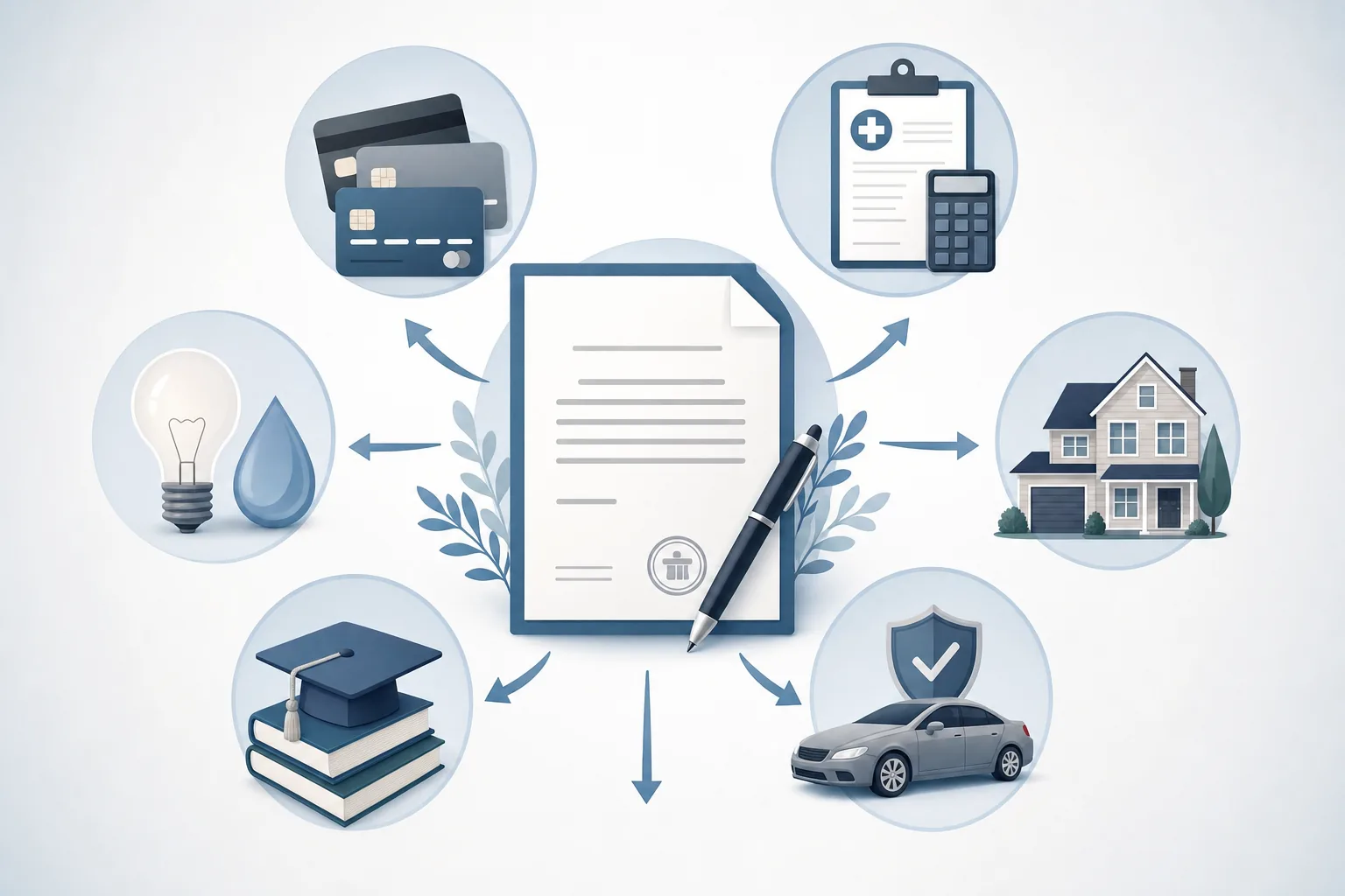 A clean, professional illustration showing estate settlement and debt payment process. Visual depicts a document labeled "estate" in the center with arrows flowing to different debt categories like credit cards, medical bills, and mortgages. Use a calm color palette with blues and grays. Modern, minimal style with icons representing different types of debt. No text or letters in the image.
