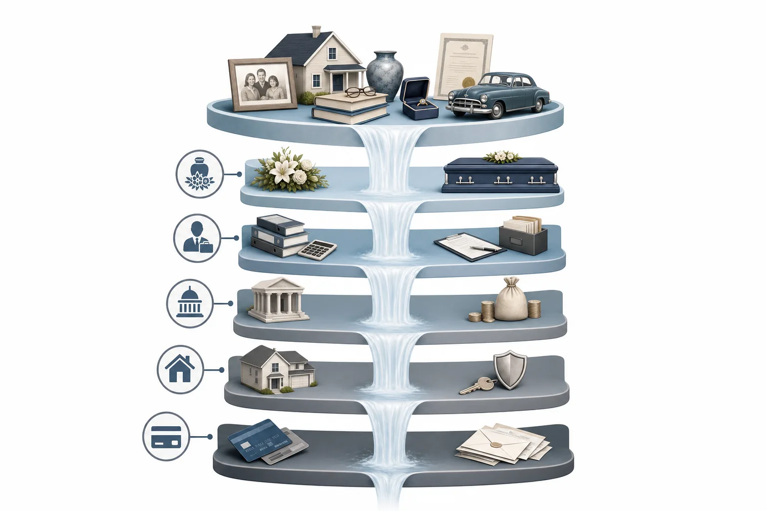 A clean, professional diagram showing the priority order of estate debt payment as a vertical waterfall or cascade. At the top, show a collection of estate assets. Below that, show five distinct tiers flowing downward in order: funeral and burial expenses at the top tier, estate administration costs in the second tier, federal and state taxes in the third tier, secured debts like mortgages in the fourth tier, and unsecured debts like credit cards at the bottom tier. Use muted blue and gray tones with simple icons for each category. Modern, minimalist illustration style suitable for financial education content.