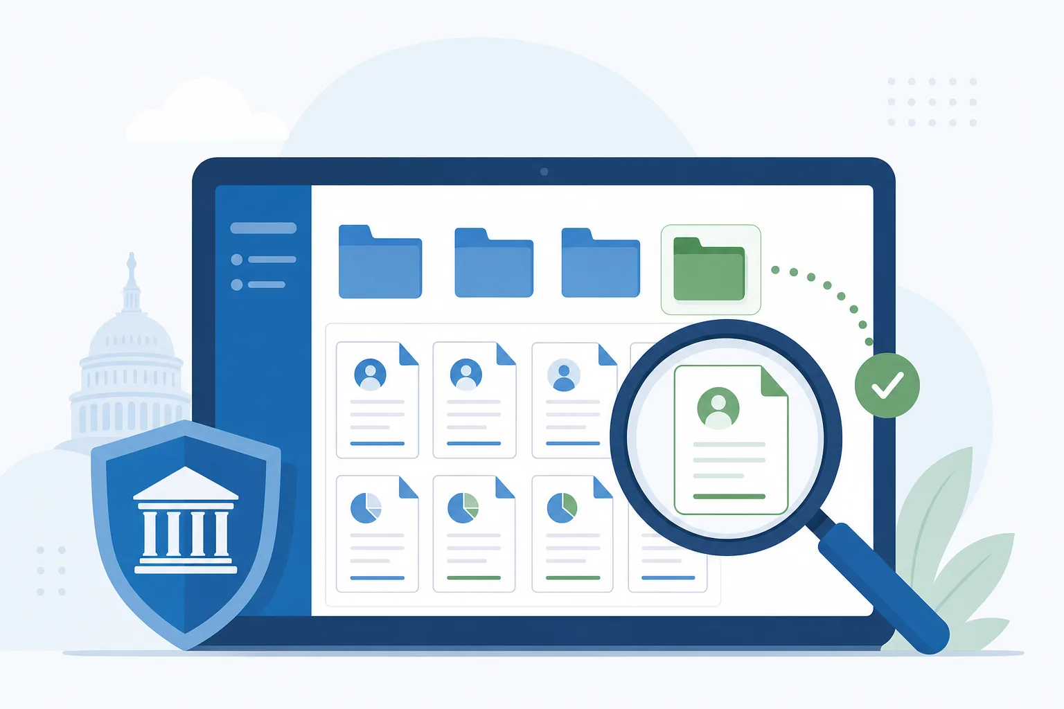 A clean, modern illustration of a digital database search interface with abstract visualization of retirement account records being searched and discovered. Show a computer screen or tablet displaying organized file folders and document icons representing 401k accounts, with search elements like a magnifying glass highlighting found records. Use professional blue and green tones. Style should be flat, minimalist, and trustworthy - suggesting government database reliability. No text or words visible.