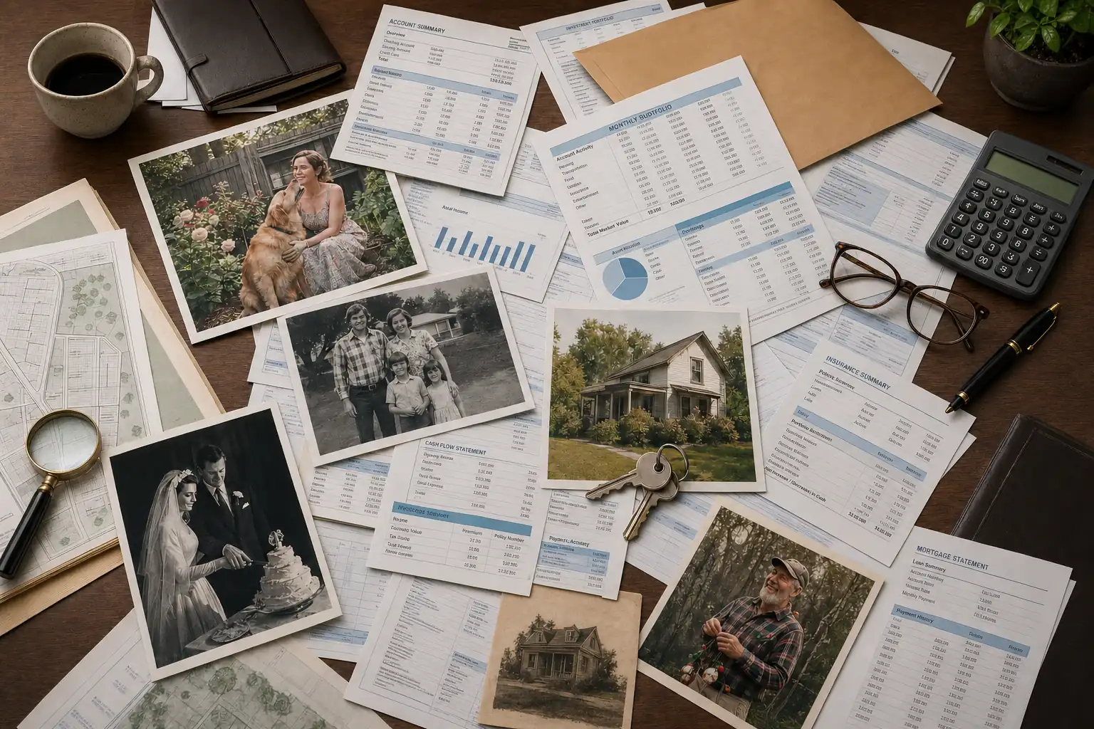 A bird's eye view illustration showing scattered financial documents, bank statements, property deeds, and insurance papers spread across a wooden desk surface, with some items partially hidden under others, symbolizing the challenge of discovering hidden assets. Warm, professional lighting with muted tones. Photorealistic style.