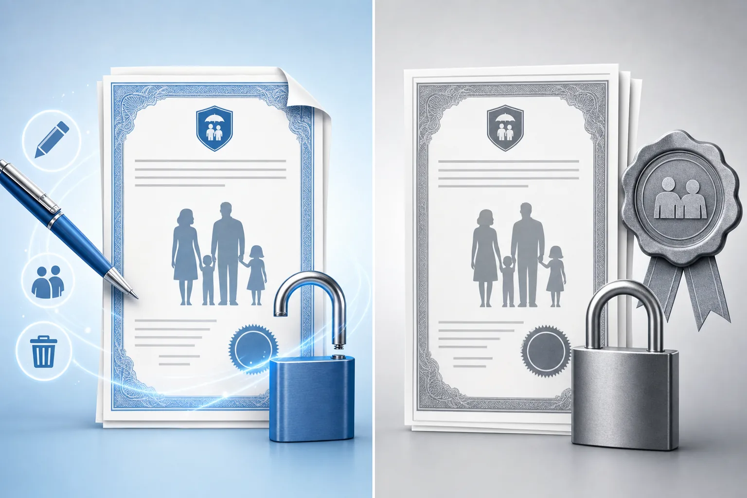 A split comparison visual showing two life insurance policy documents side by side. On the left, a document with unlocked or open editing marks representing a revocable beneficiary designation with freedom to change. On the right, a document with a lock or sealed stamp representing an irrevocable beneficiary designation requiring consent. Clean, professional illustration style with blue and gray tones, no text or words visible.
