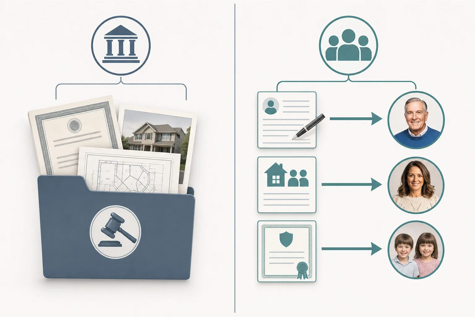 A clean, professional diagram showing the split between probate and non-probate assets. On one side, documents and property deeds in a folder marked with a court gavel symbol representing probate assets. On the other side, beneficiary designation forms, joint ownership paperwork, and trust documents with direct arrows pointing to family members, representing non-probate assets that bypass court. Modern, minimal illustration style with muted blues and grays, organized and clear layout.