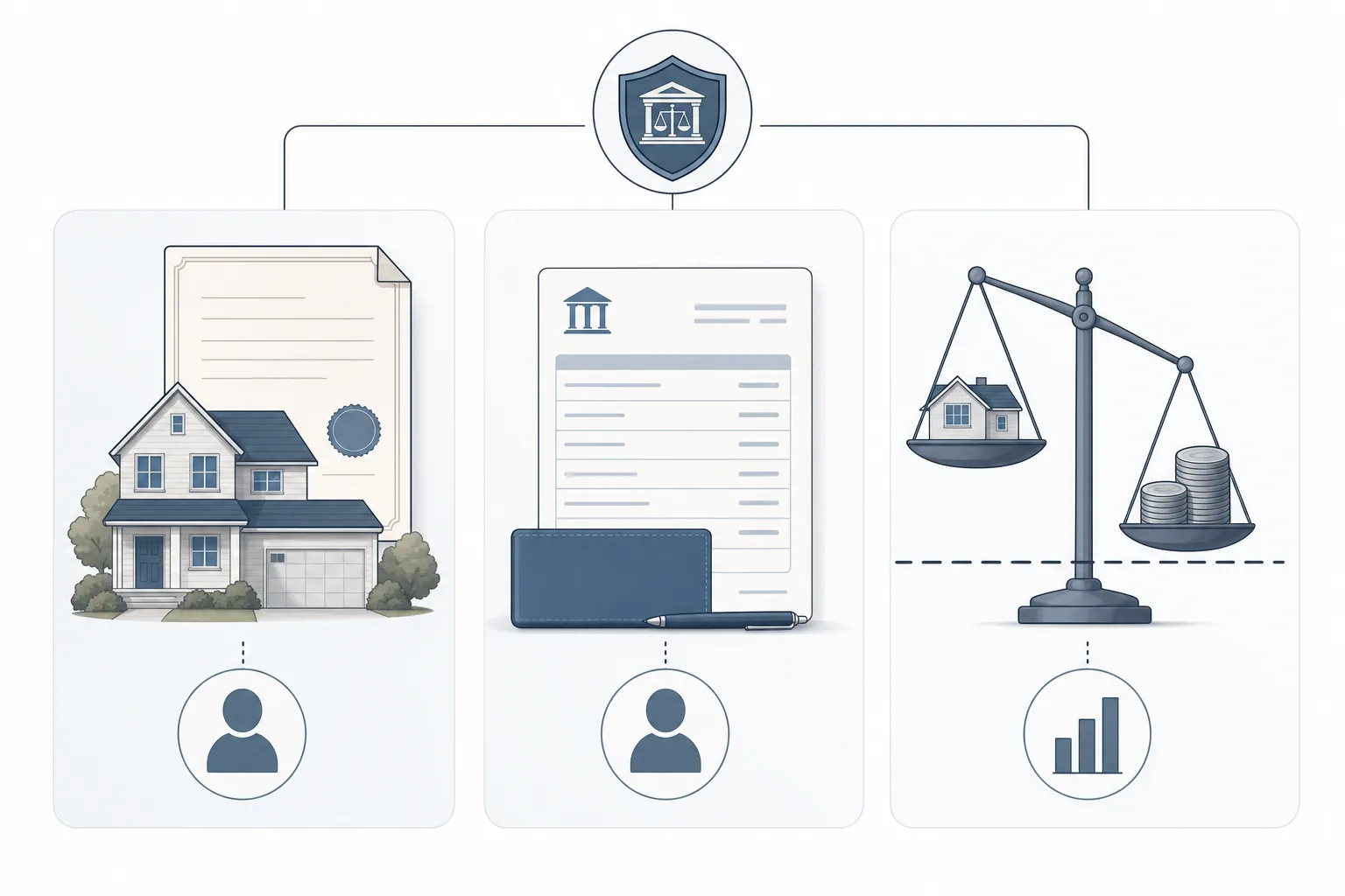 A clean, professional diagram showing three scenarios that trigger probate: a house with a single person's name on the title deed, a bank account statement showing sole ownership with no beneficiary, and a property value scale tipping over a threshold line. Modern, minimal illustration style with muted blues and grays, organized layout showing these three distinct circumstances clearly separated, no text or labels needed, financial and legal document aesthetic