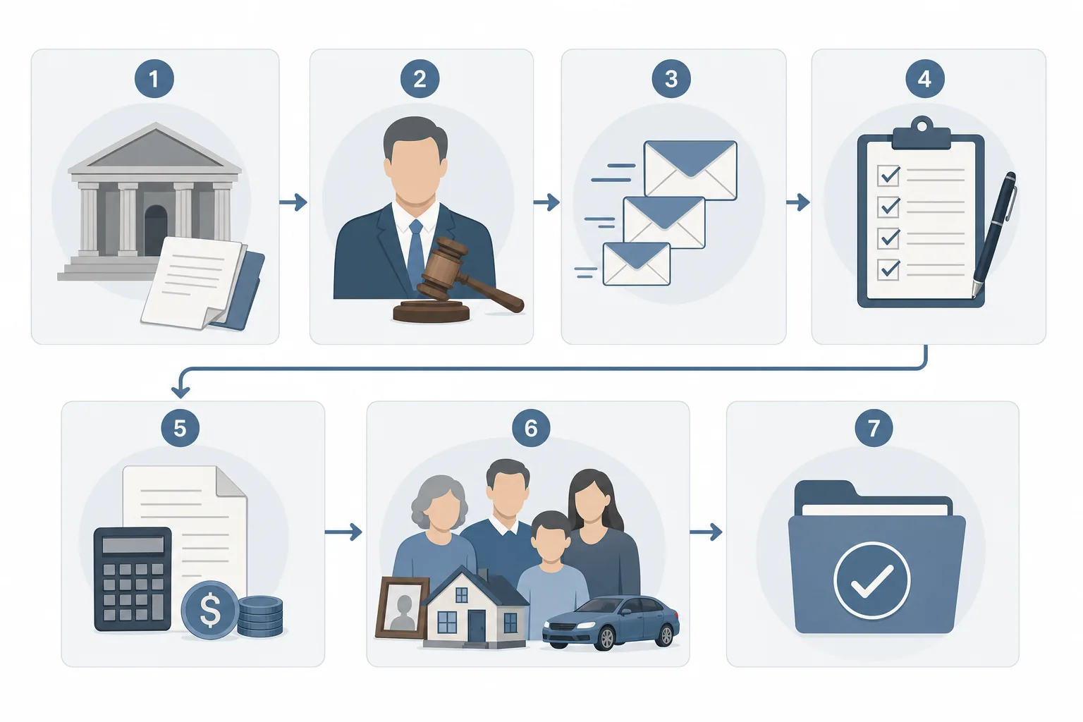 A clean, modern diagram showing the probate process flow as connected steps, featuring visual icons for: courthouse building with documents, person appointed as executor with gavel, notification letters being sent, clipboard with inventory checklist, payment of bills and debts, distribution of assets to family members, and final closed file folder. Use a professional color palette with blues and grays, arranged in a clear sequential layout with arrows connecting each stage. Minimalist illustration style, no text or letters.