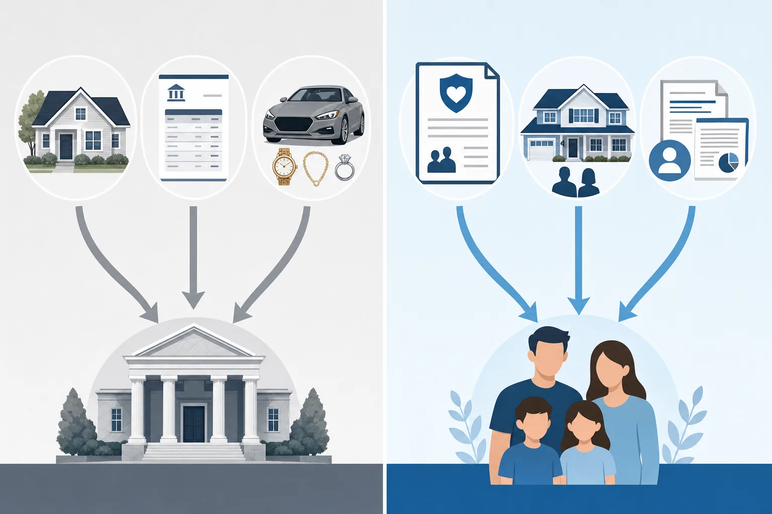 A clean, modern split-screen illustration showing two contrasting pathways: on the left side, assets that go through probate including a house with a single name on the deed, a bank account statement, and personal items like a car and jewelry, all flowing toward a courthouse building. On the right side, assets that skip probate including a life insurance policy document with beneficiary designation, jointly-owned property deed with two names, and retirement account statements with beneficiary forms, all flowing directly to family members. Use a professional color palette with blues and grays, clear visual separation between the two sides, simple icons and symbols, no text or letters, minimalist illustration style with arrows showing the flow.