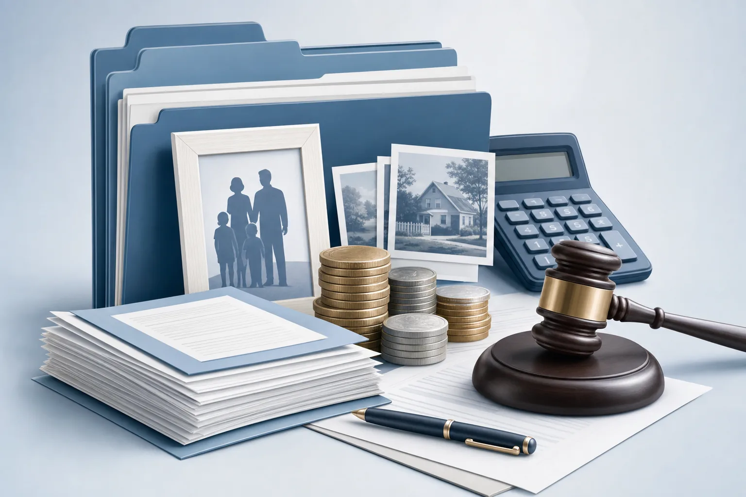 A clean, professional illustration showing multiple stacked or layered cost components for probate expenses. Visual elements include coins, documents, a gavel, calculator, and filing folders arranged in an organized composition. The design uses cool blues and grays with a modern, minimal style suitable for a legal/financial context. No text or numbers visible in the image.